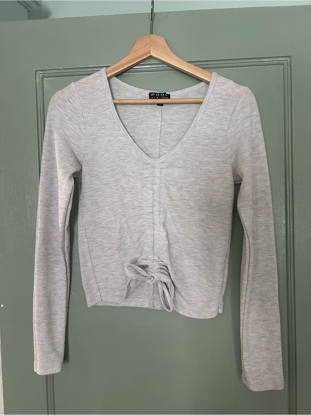 V-Neck Long Sleeve Tie-Front Top in Light Gray